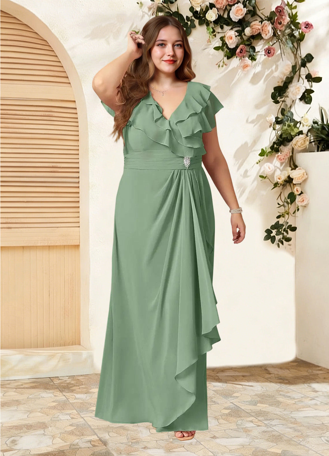 Augday Snapdragon A-Line V-Neck Ruched Chiffon Dress