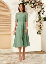 Augday Naomi A-Line Boatneck Pleated Chiffon Dress