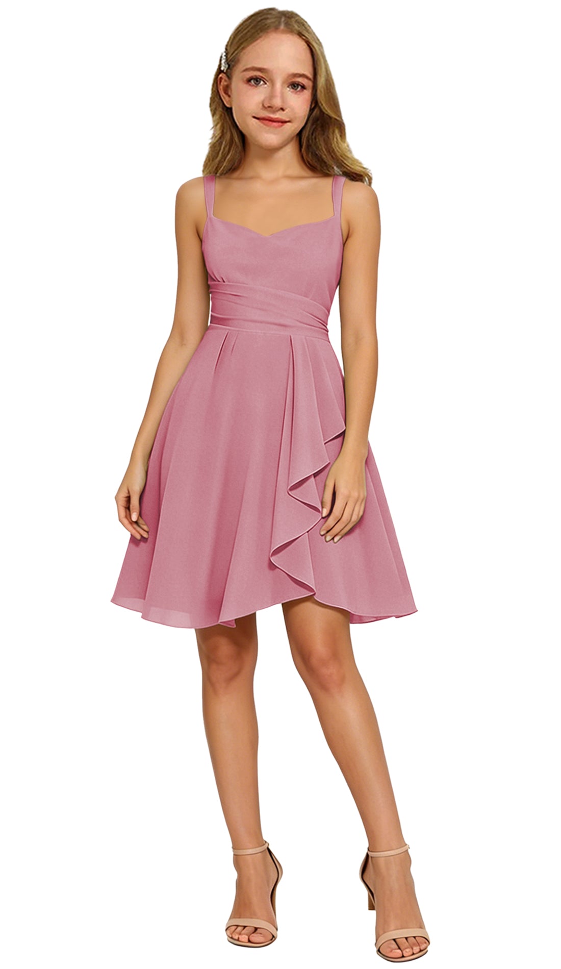 Augday Laly Girl Short Chiffon Flower Girl Dress for Wedding Spaghetti Straps Teens Formal Dresses