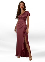 Augday Roya Mermaid V-Neck Pleated Stretch Satin Dress
