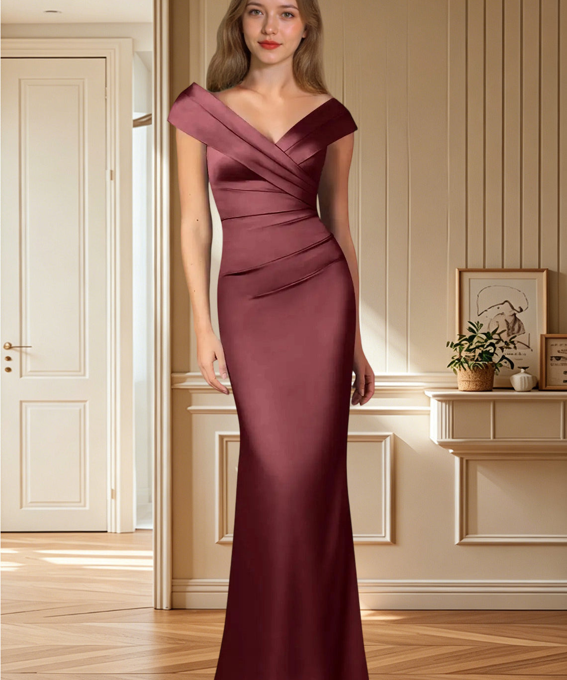 Augday Ludlow Mermaid Pleated Stretch Satin Dress