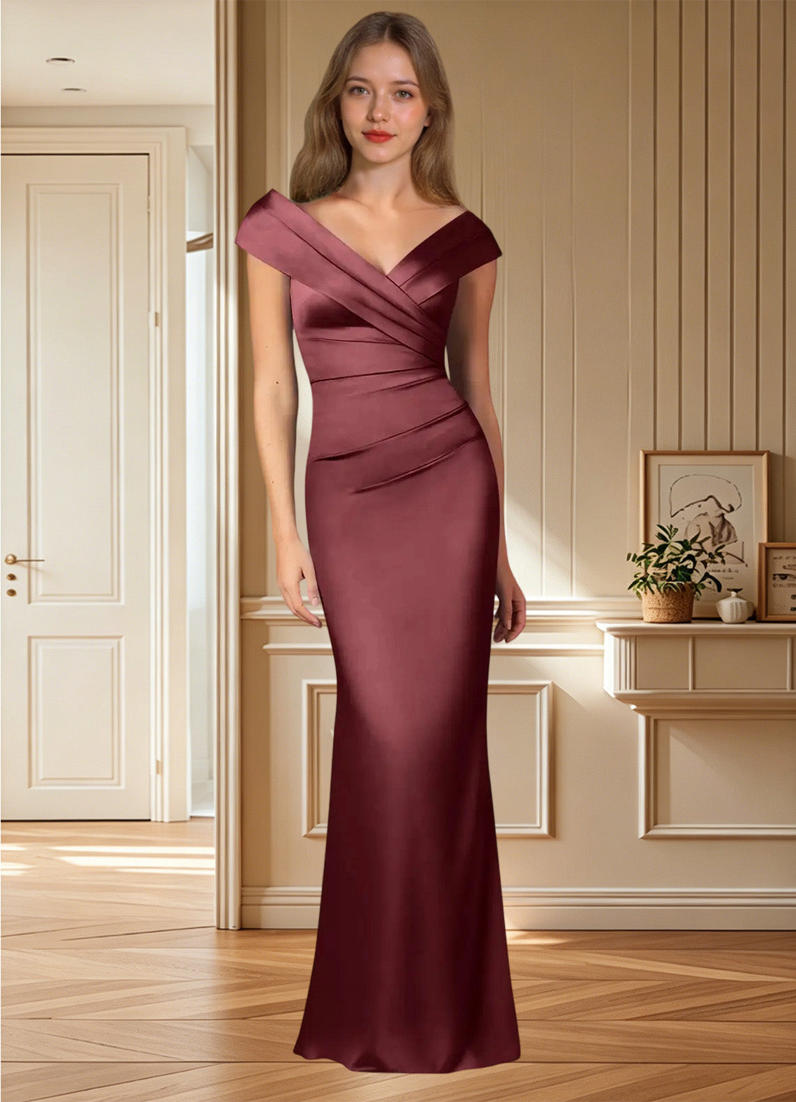 Augday Ludlow Mermaid Pleated Stretch Satin Dress