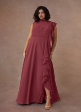 Augday A-Line High Neckline Pleated Chiffon Dress Plus Size