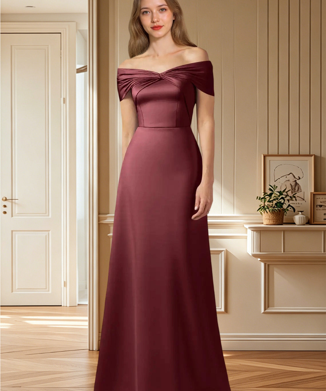 Augday Amelia A-Line Off the Shoulder Stretch Satin Dress