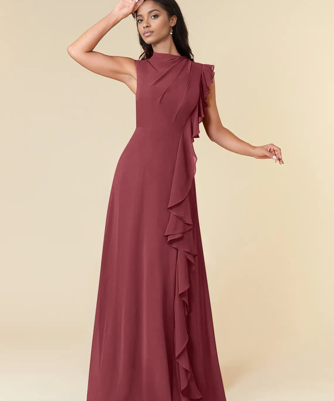 Augday A-Line High Neckline Pleated Chiffon Dress