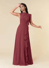 Augday A-Line High Neckline Pleated Chiffon Dress