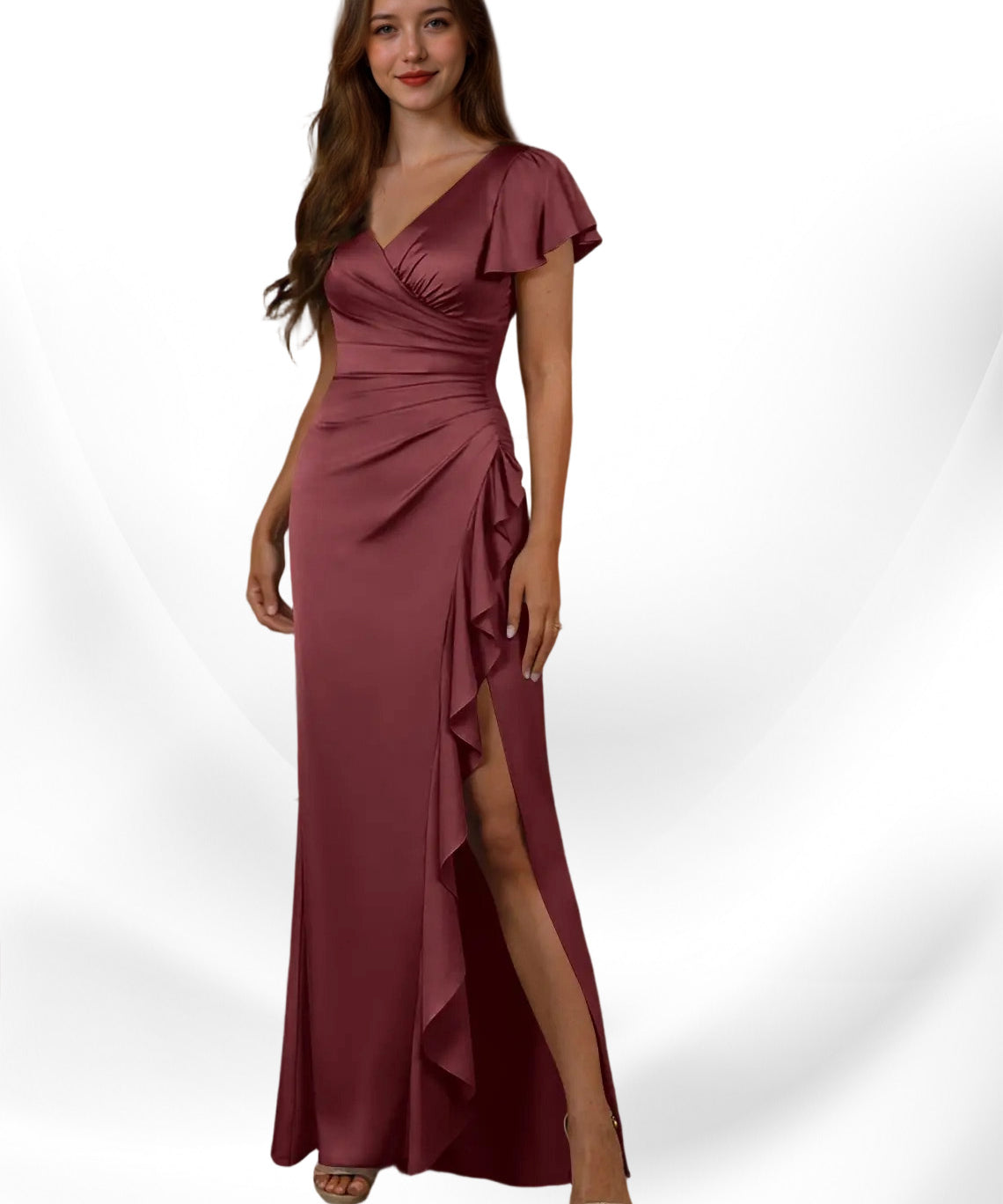 Augday Roya Mermaid V-Neck Pleated Stretch Satin