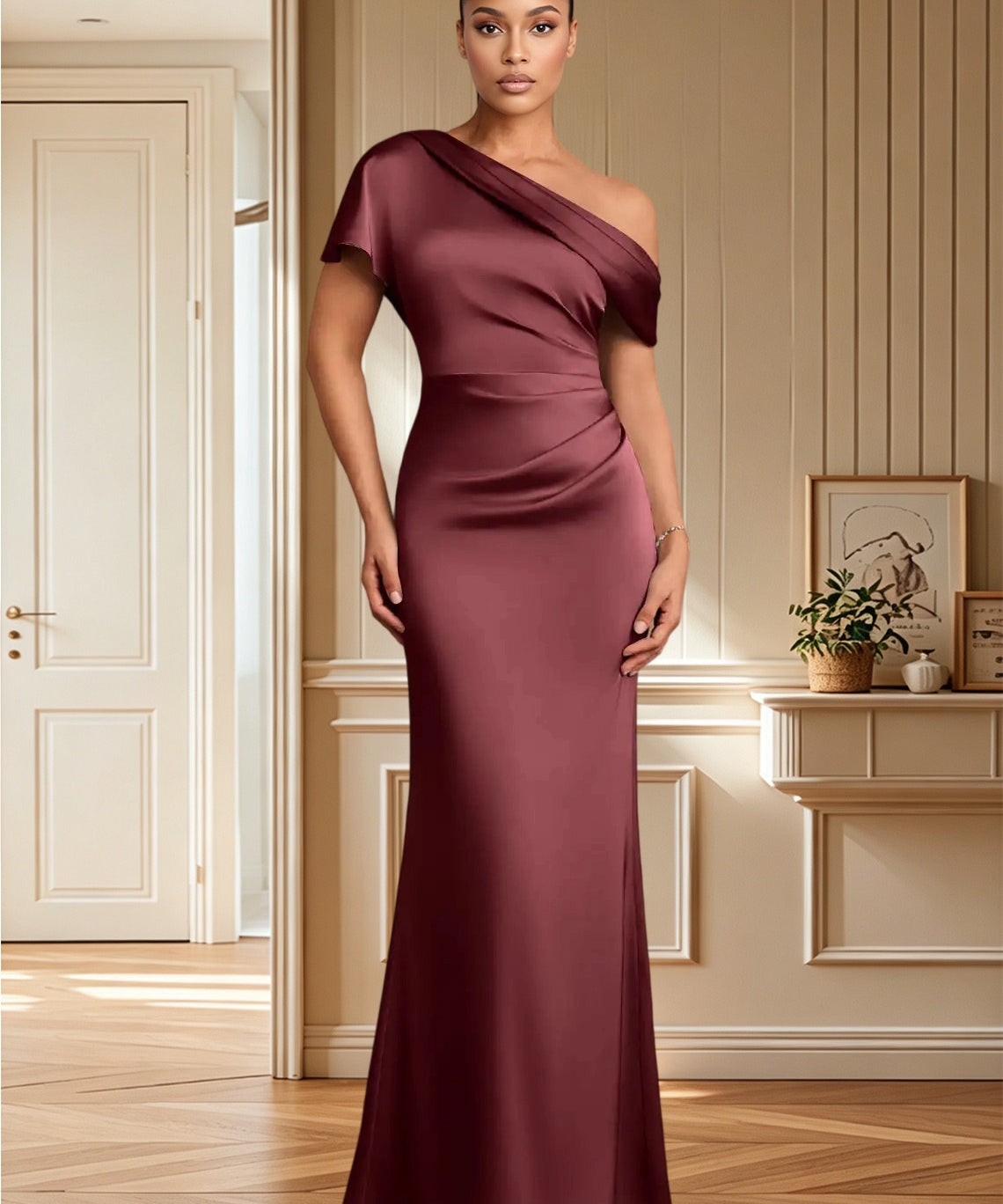 Augday Rutha Sheath One Shoulder Stretch Satin Dress