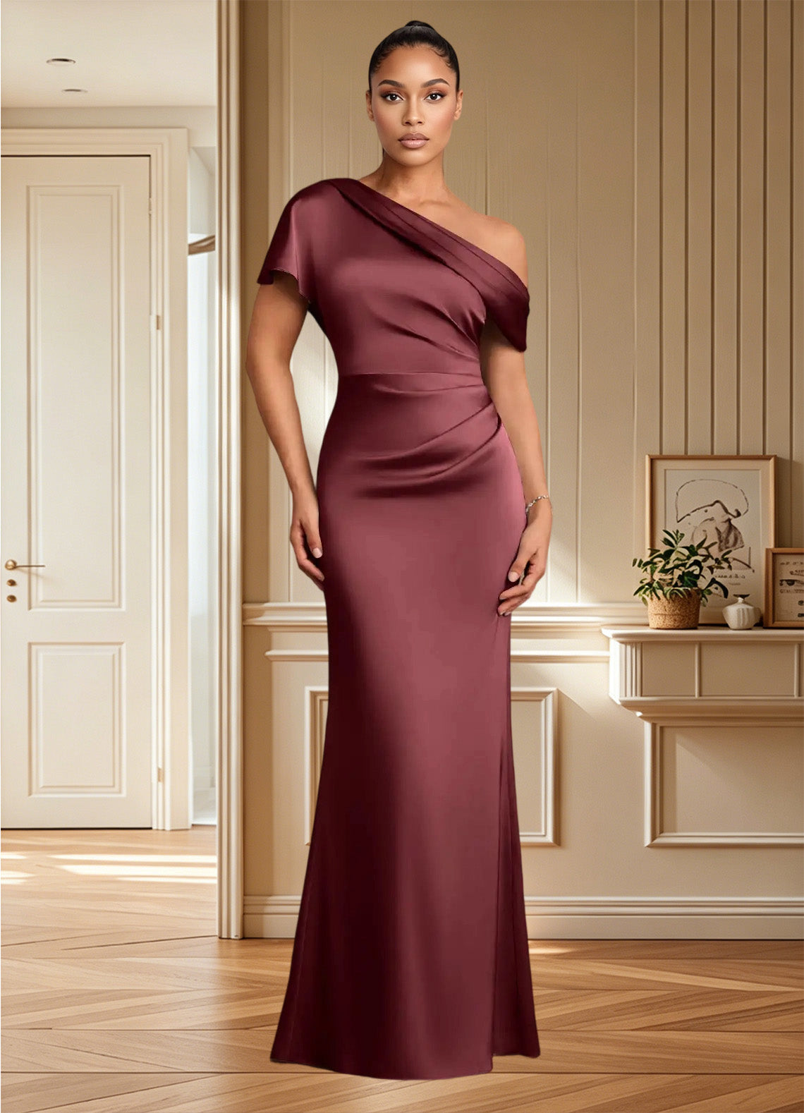 Augday Rutha Sheath One Shoulder Stretch Satin Dress