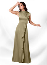 Augday Narine A-Line High Neckline Pleated Stretch Satin Dress
