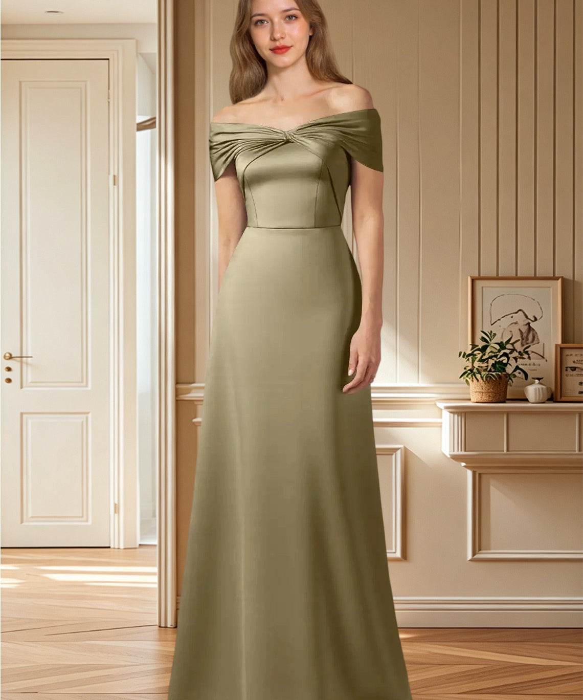 Augday Amelia A-Line Off the Shoulder Stretch Satin Dress