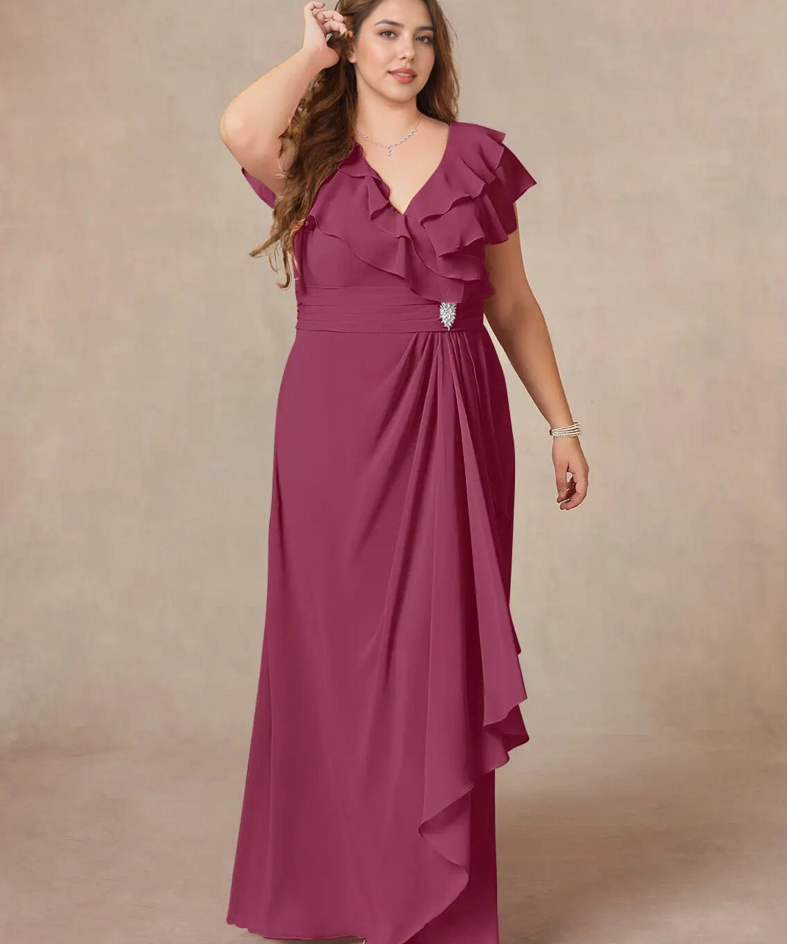 Augday A-Line V-Neck Ruched Chiffon Dress Plus Size