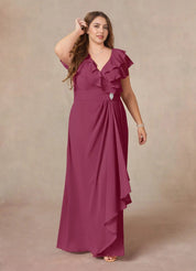 Augday A-Line V-Neck Ruched Chiffon Dress Plus Size
