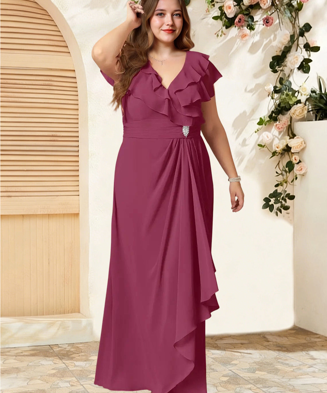 Augday Snapdragon A-Line V-Neck Ruched Chiffon Dress