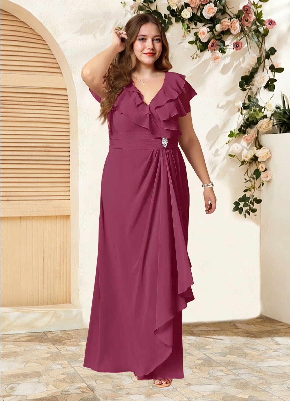 Augday Snapdragon A-Line V-Neck Ruched Chiffon Dress