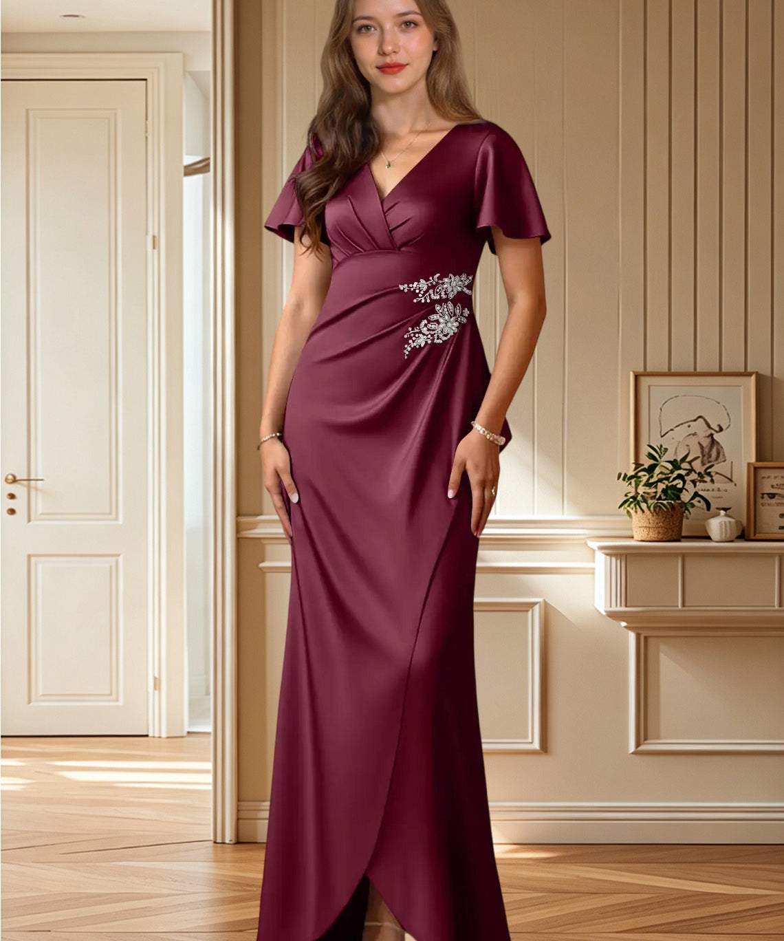 Augday Robins A-Line Pleated Stretch Satin Dress