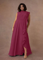Augday A-Line High Neckline Pleated Chiffon Dress Plus Size