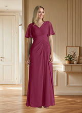 Augday Morning Glory A-Line V-Neck Ruched Chiffon Dress