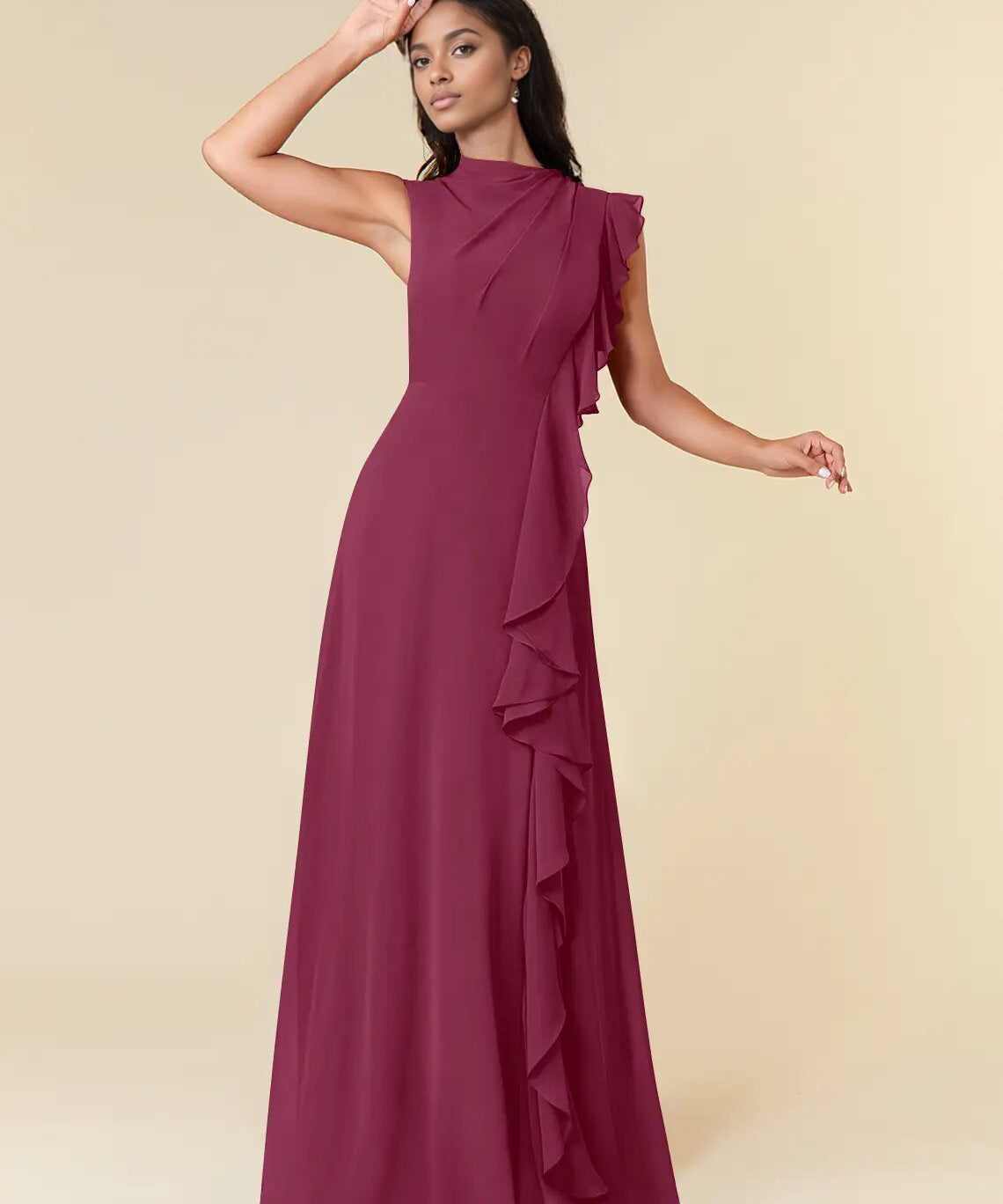 Augday A-Line High Neckline Pleated Chiffon Dress