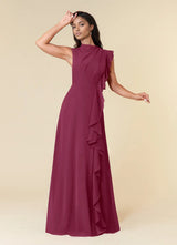 Augday A-Line High Neckline Pleated Chiffon Dress