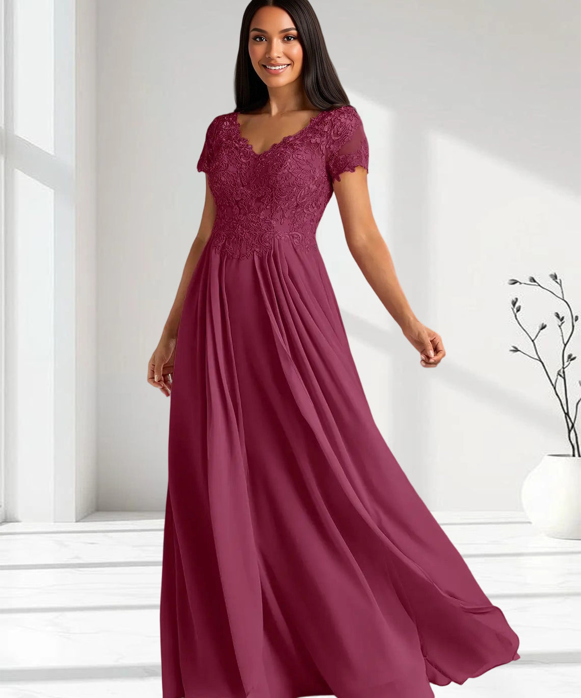 Augday Dunja A-Line V-Neck Lace Chiffon Dress