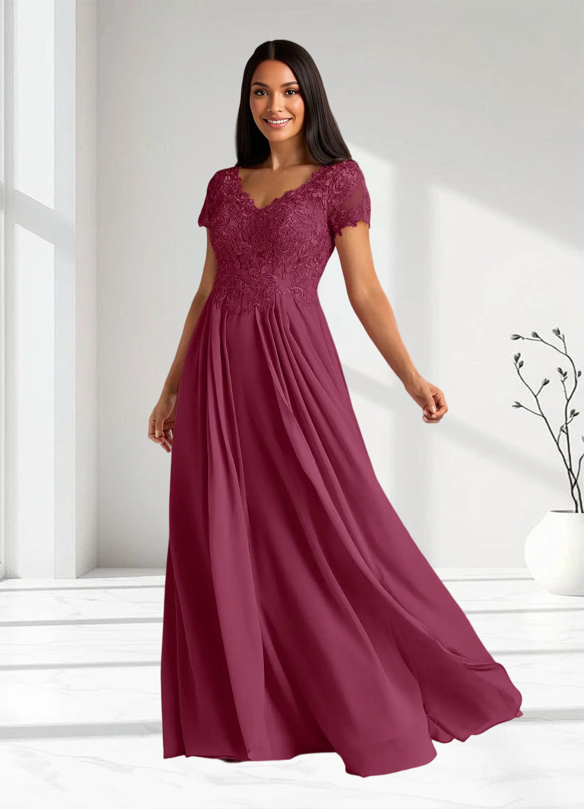 Augday Dunja A-Line V-Neck Lace Chiffon Dress