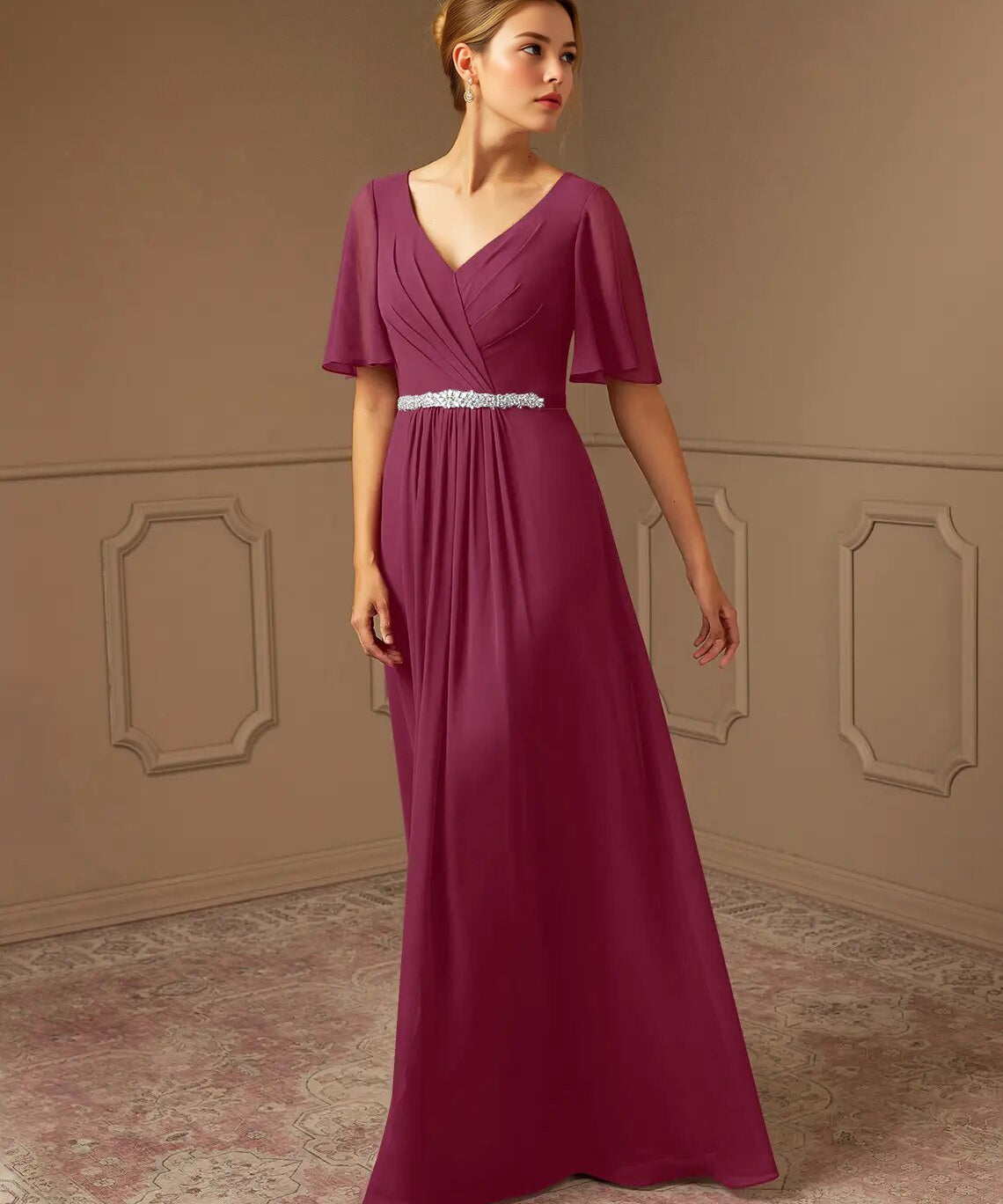 Augday A-Line V-Neck Pleated Chiffon Dress