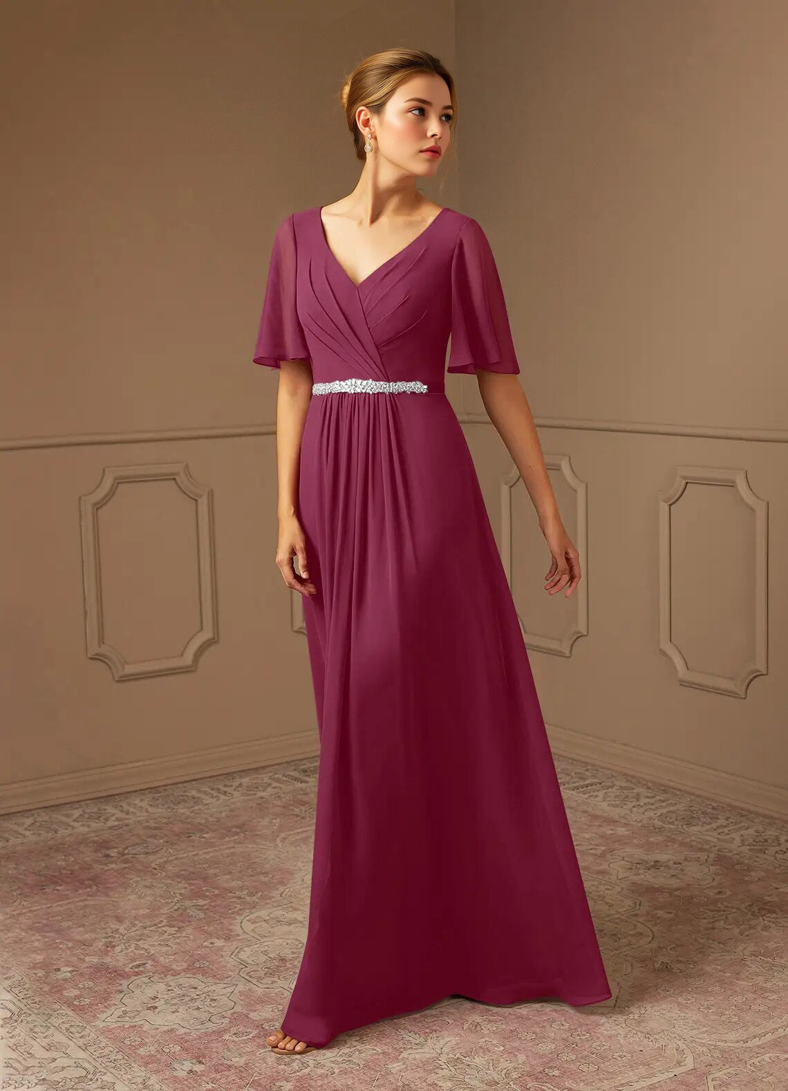 Augday A-Line V-Neck Pleated Chiffon Dress