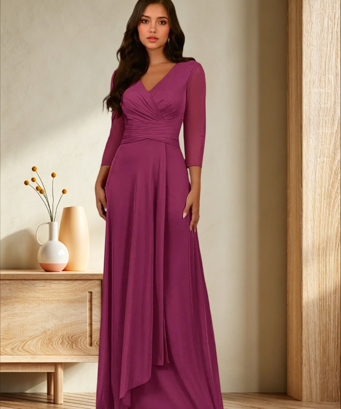 Augday Annetta A-Line V-Neck Pleated Mesh Dress