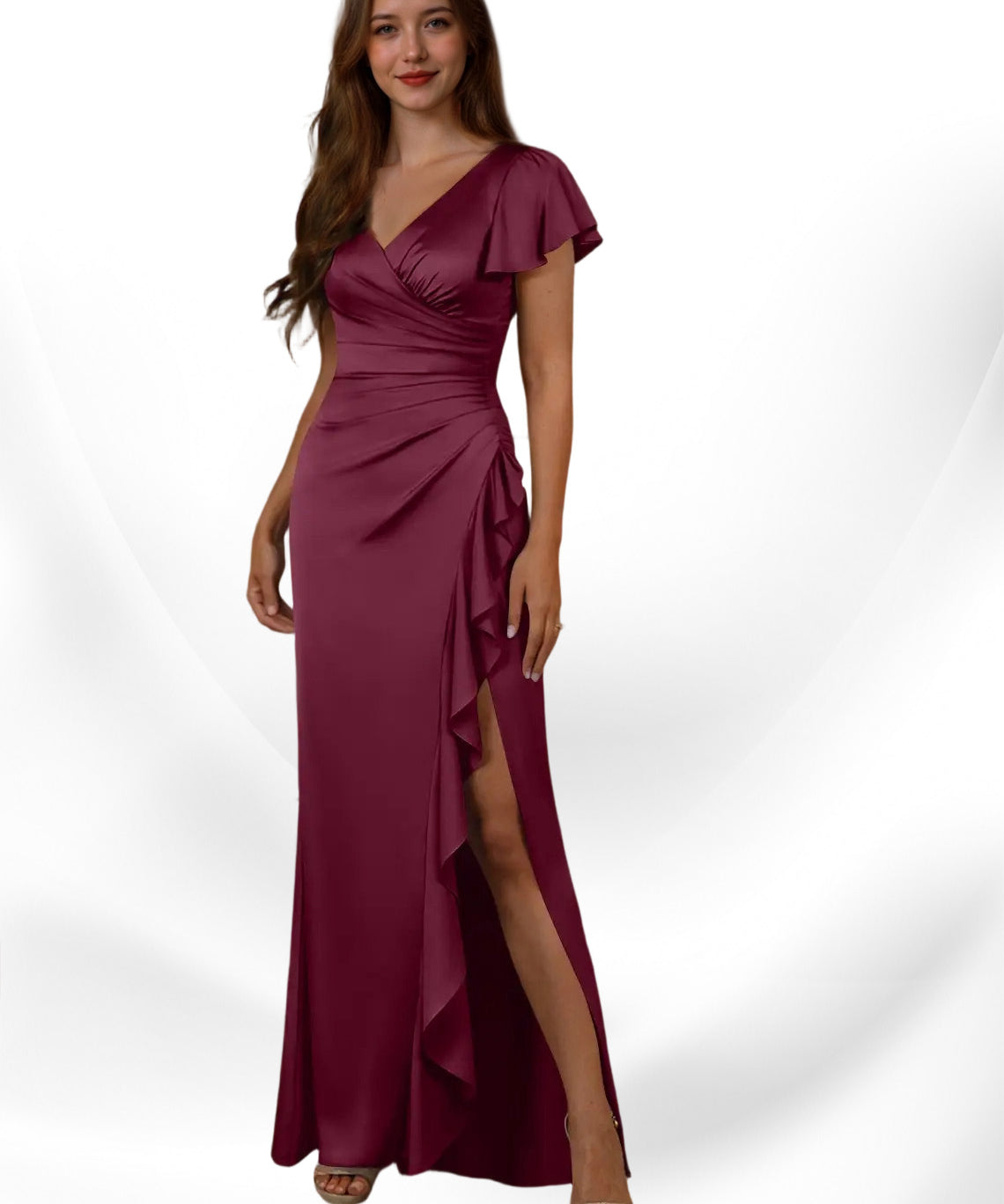 Augday Roya Mermaid V-Neck Pleated Stretch Satin