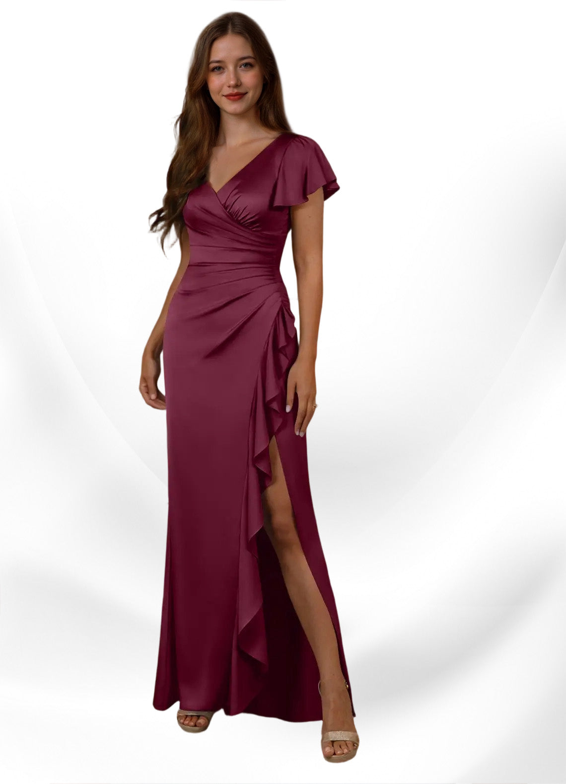 Augday Roya Mermaid V-Neck Pleated Stretch Satin
