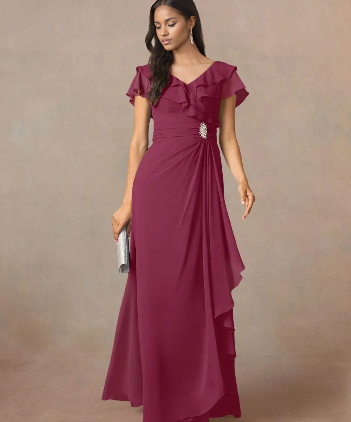 Augday A-Line V-Neck Ruched Chiffon Dress