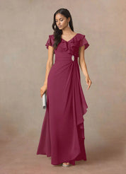 Augday A-Line V-Neck Ruched Chiffon Dress