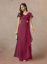 Augday A-Line V-Neck Ruched Chiffon Dress