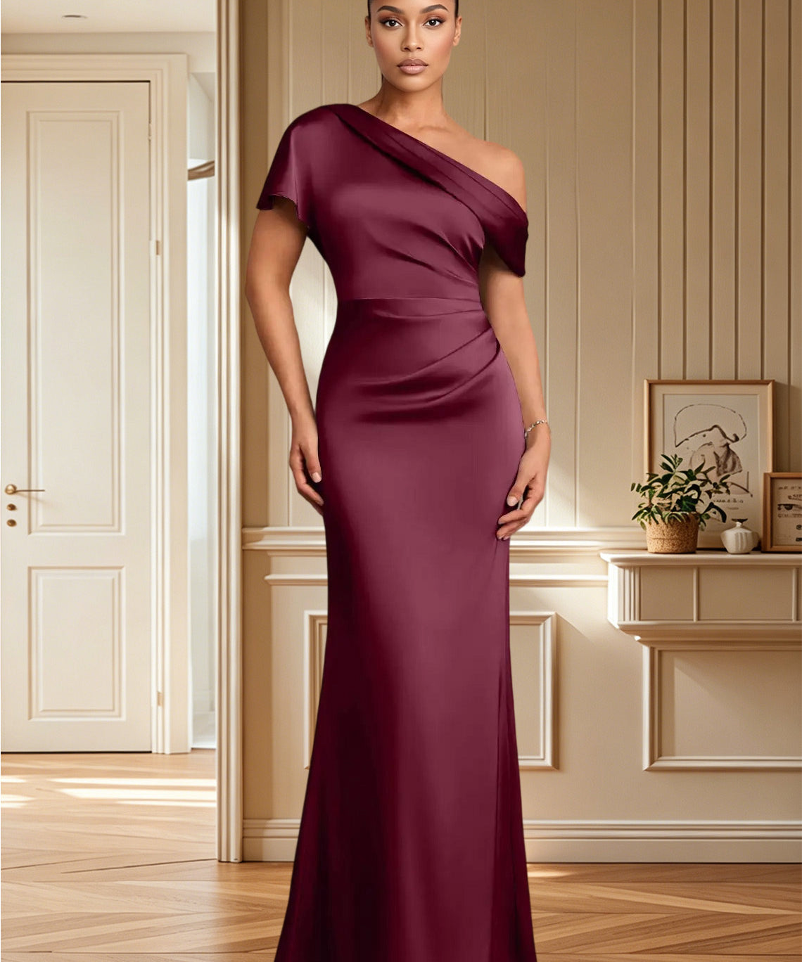 Augday Rutha Sheath One Shoulder Stretch Satin Dress