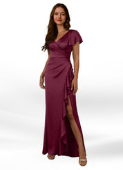 Augday Roya Mermaid V-Neck Pleated Stretch Satin Dress