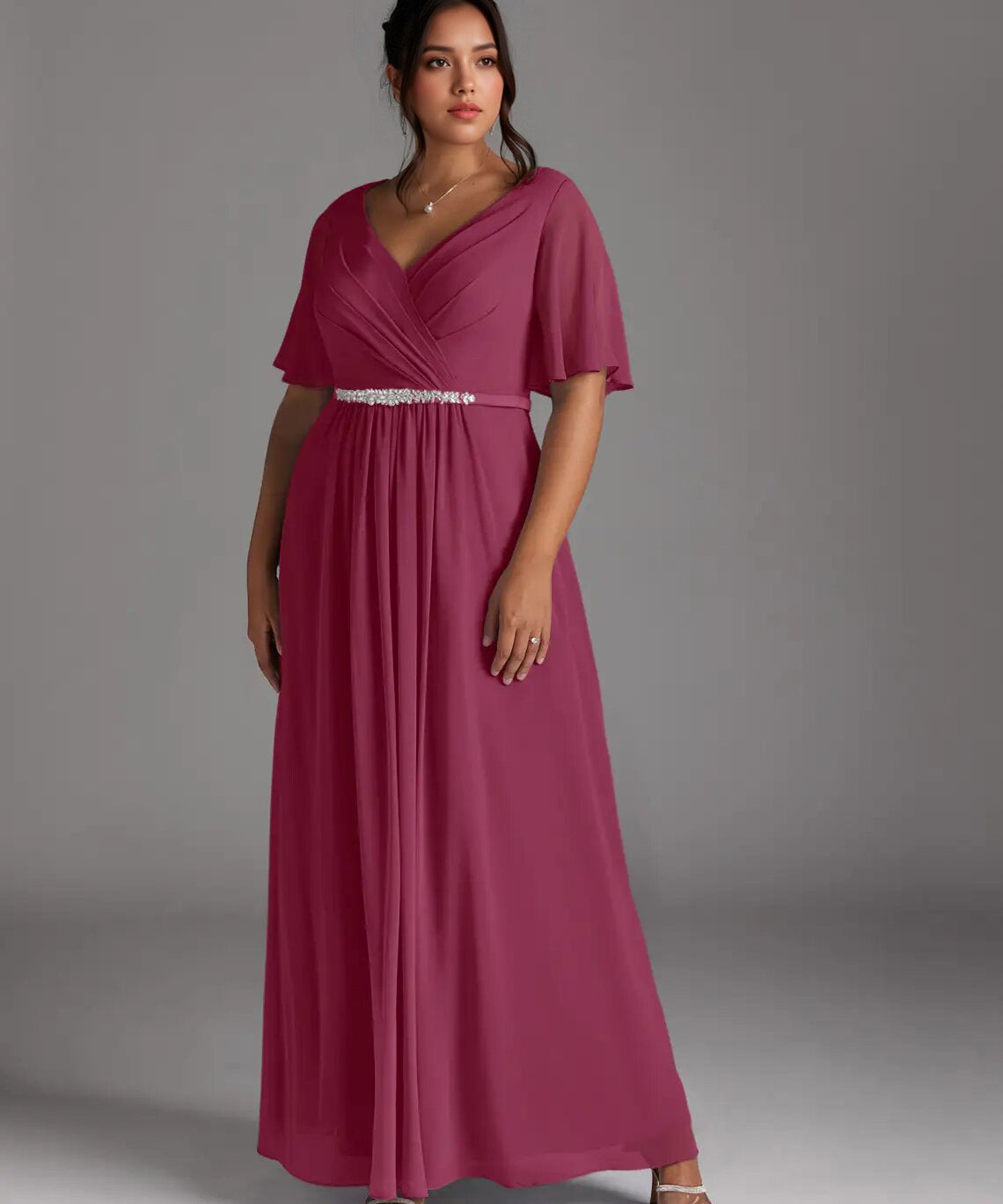 Augday A-Line V-Neck Pleated Chiffon Dress Plus Size