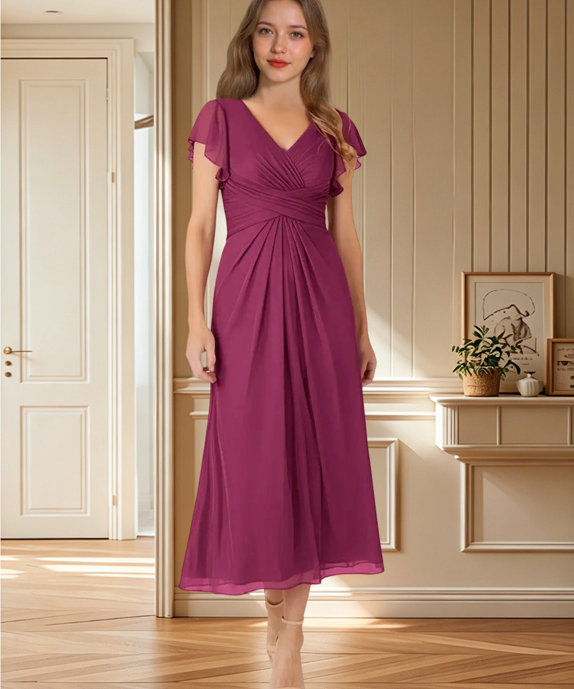 Augday Vera A-Line V-Neck Pleated Mesh Dress
