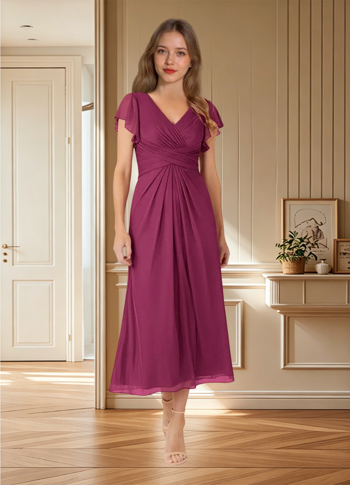 Augday Vera A-Line V-Neck Pleated Mesh Dress