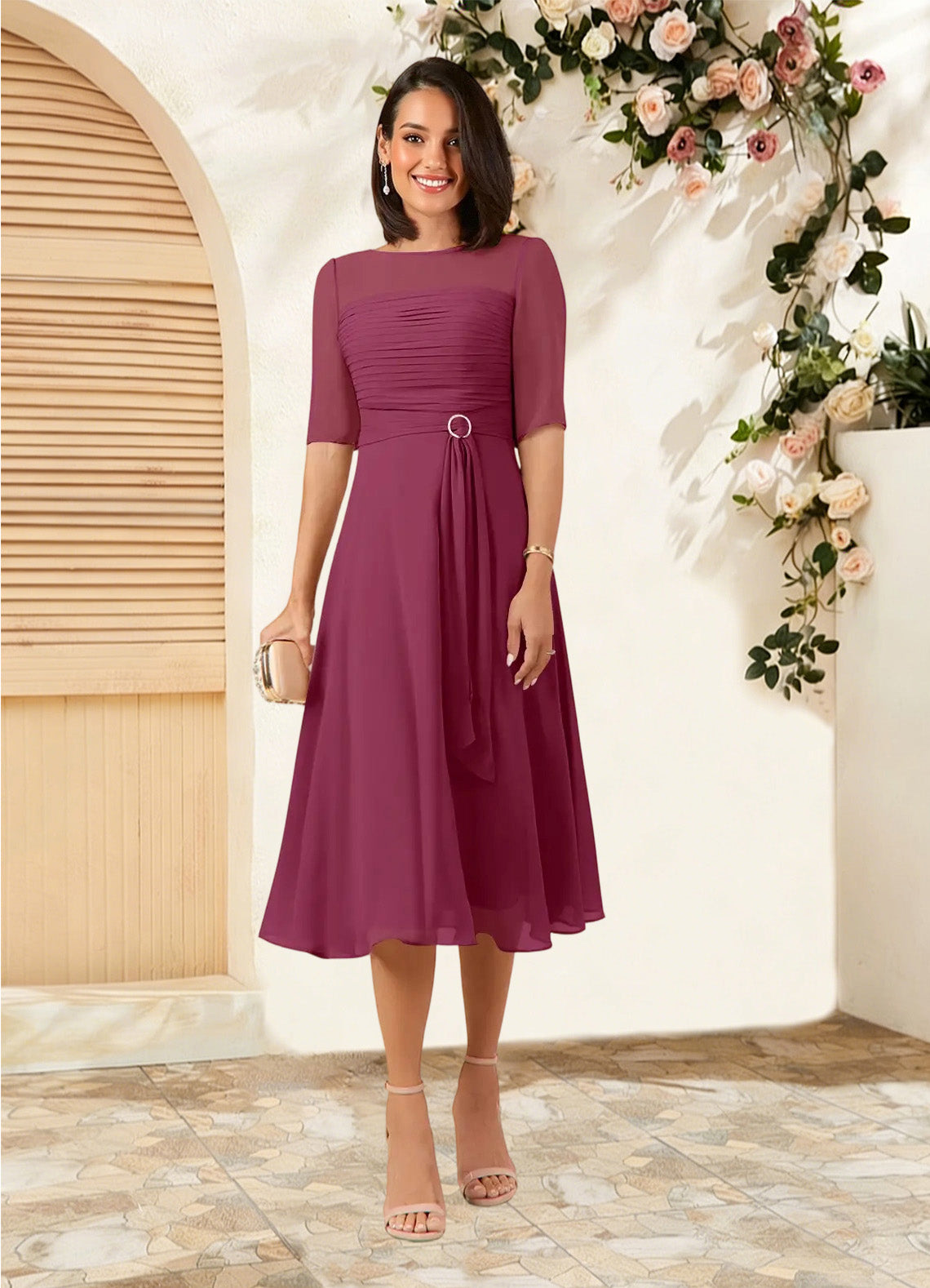 Augday Naomi A-Line Boatneck Pleated Chiffon Dress
