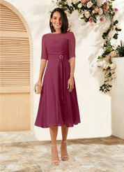 Augday Naomi A-Line Boatneck Pleated Chiffon Dress