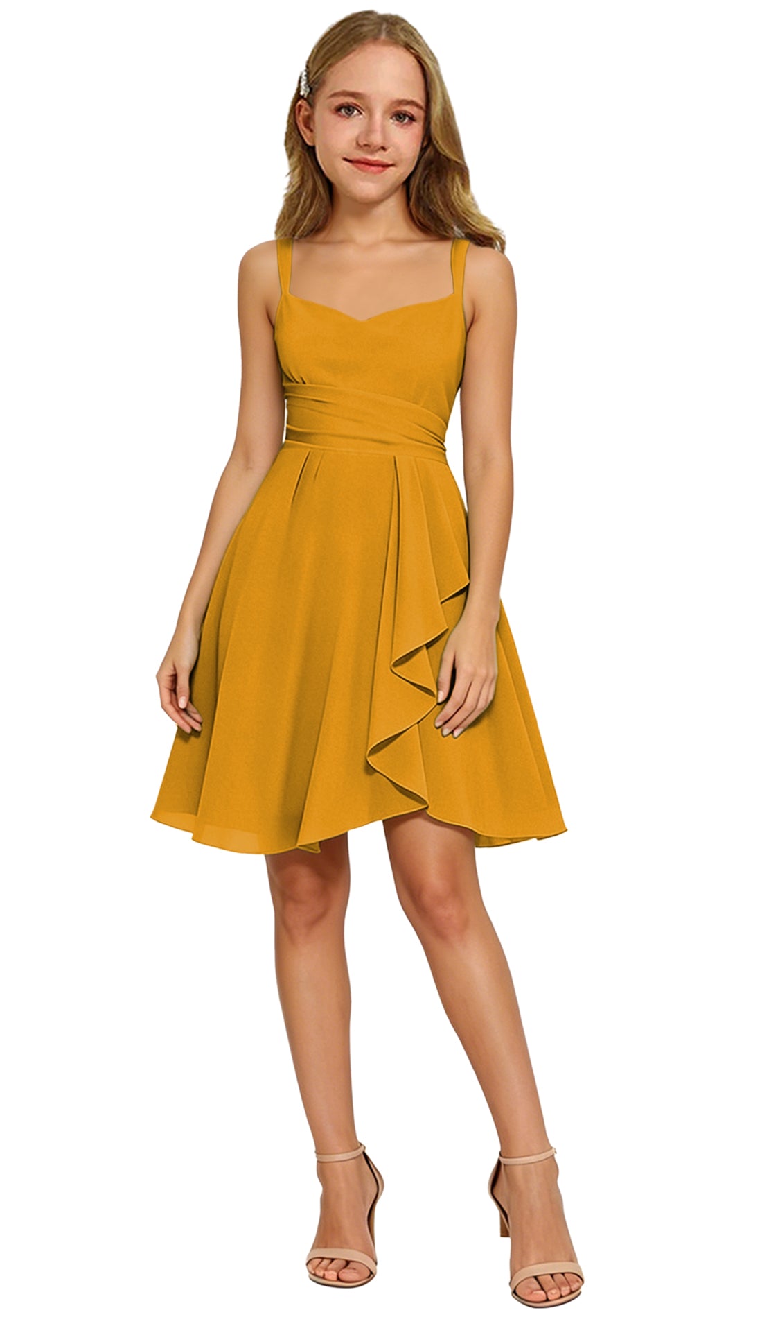 Augday Laly Girl Short Chiffon Flower Girl Dress for Wedding Spaghetti Straps Teens Formal Dresses