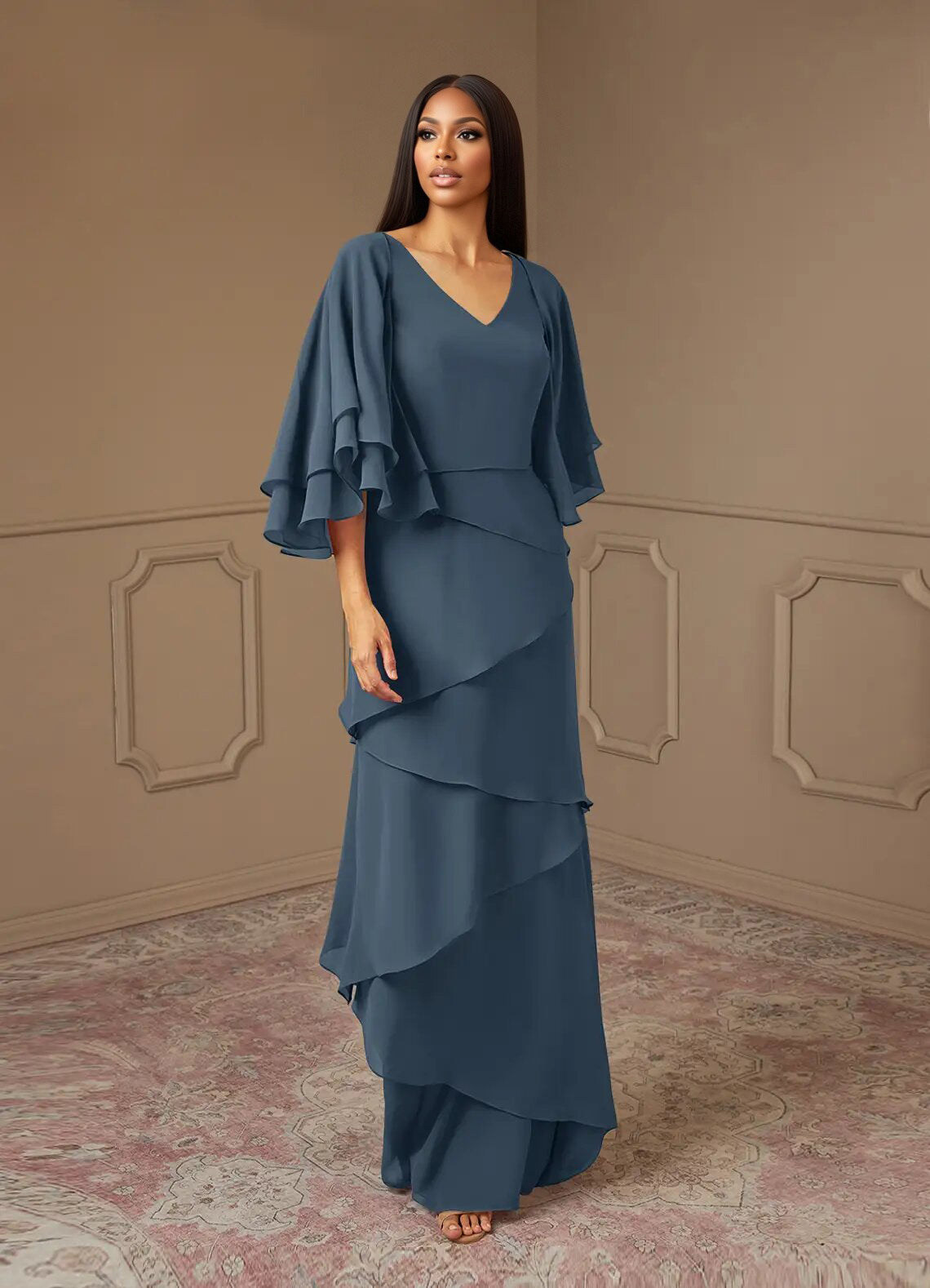 Augday OHara A-Line V-Neck Chiffon Dress