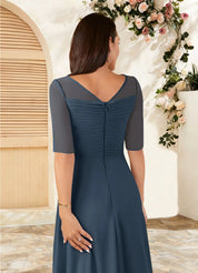 Augday Naomi A-Line Boatneck Pleated Chiffon Dress