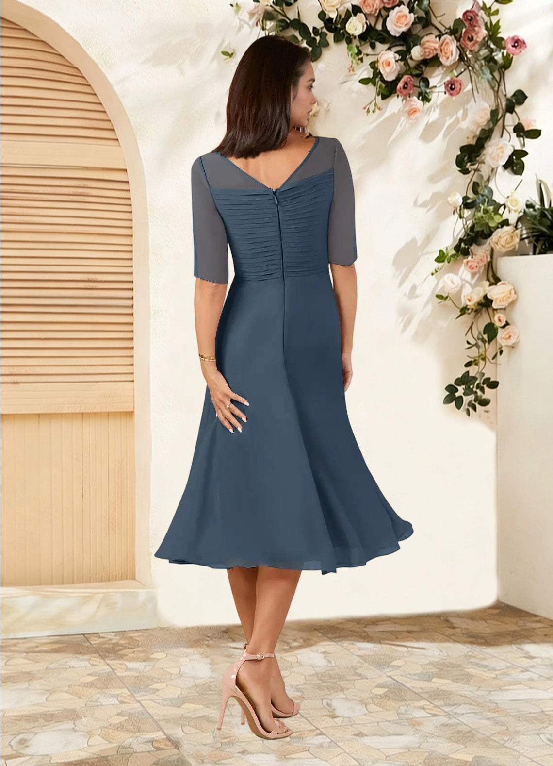 Augday Naomi A-Line Boatneck Pleated Chiffon Dress