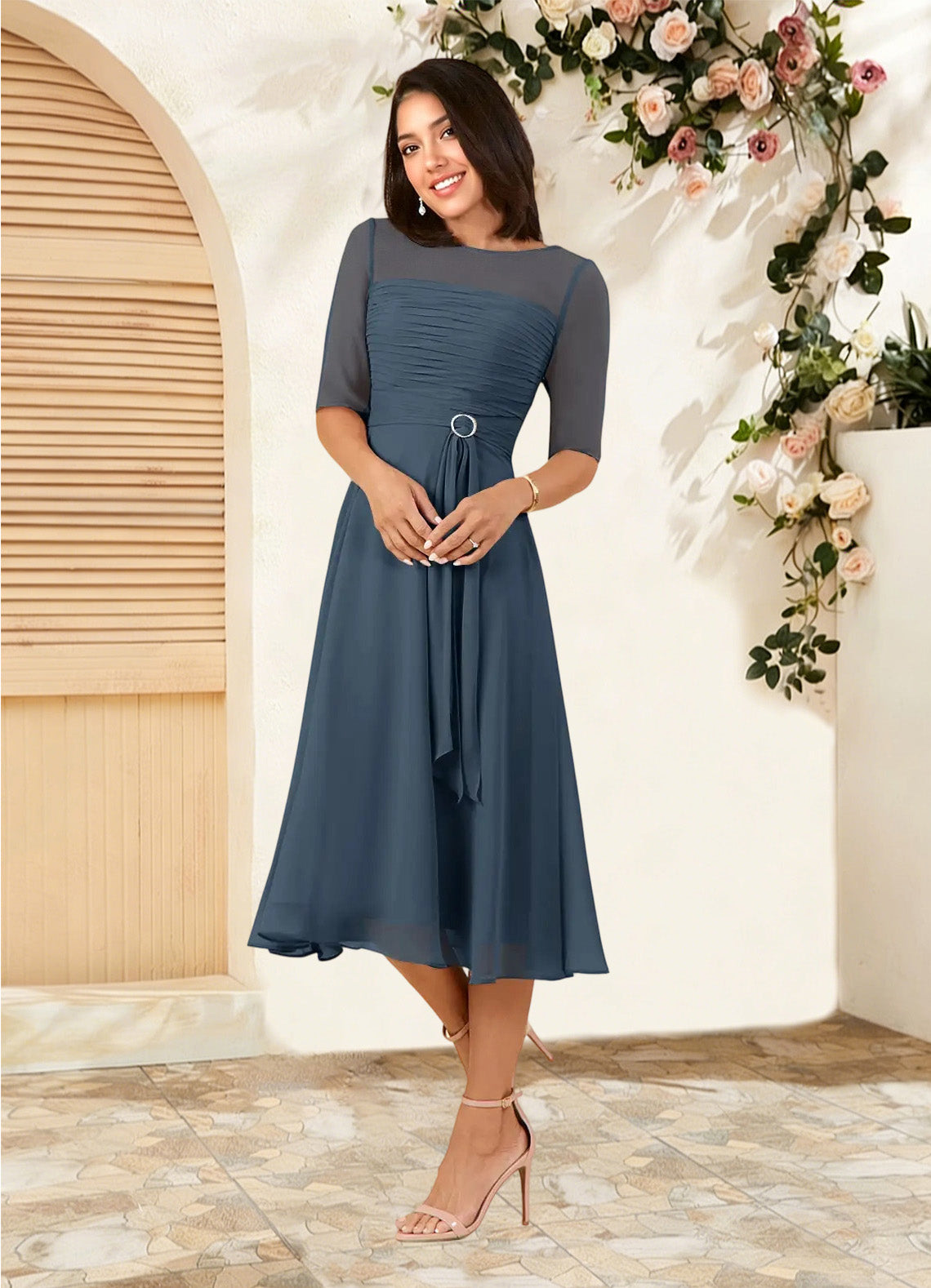 Augday Naomi A-Line Boatneck Pleated Chiffon Dress