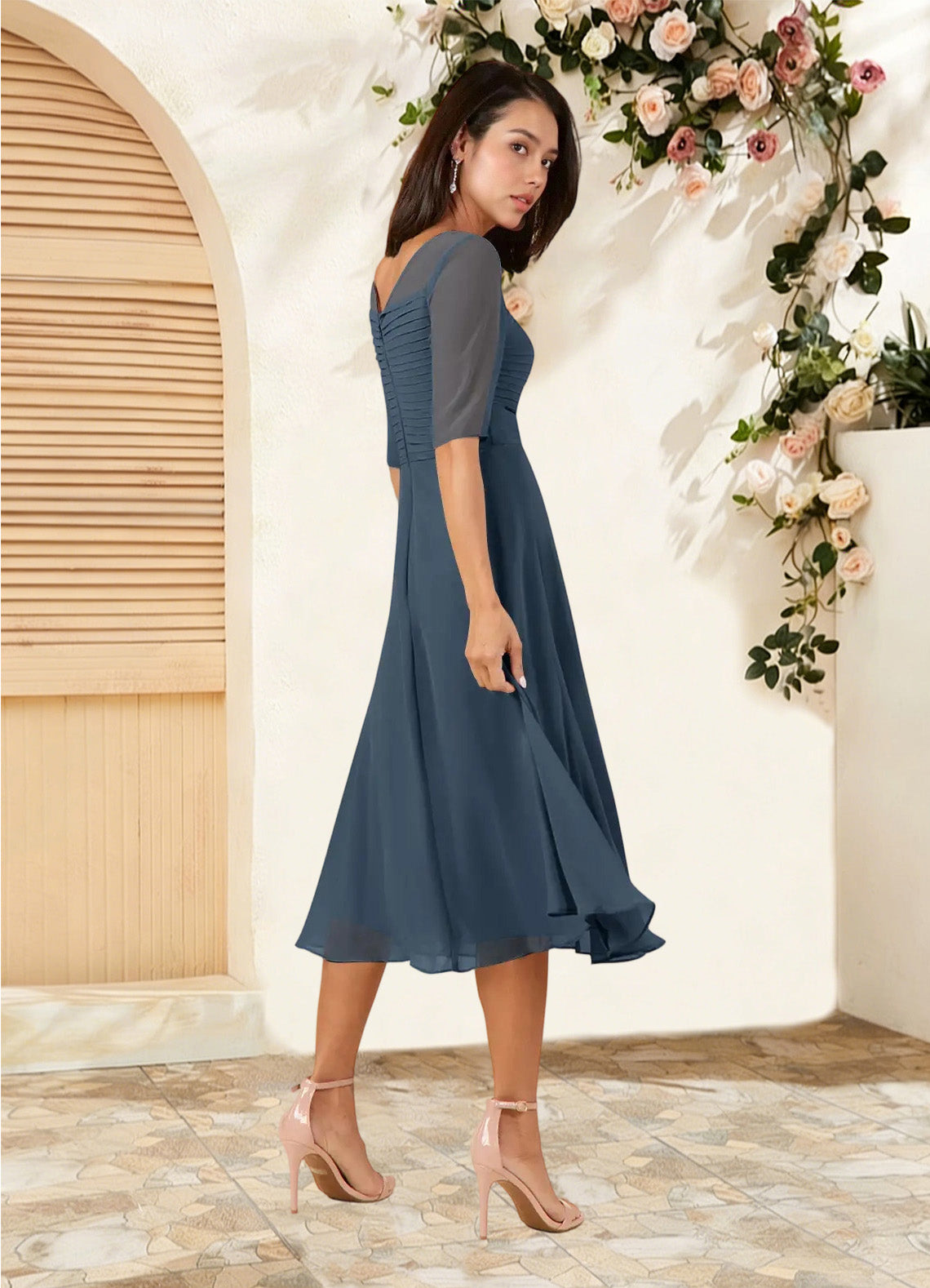 Augday Naomi A-Line Boatneck Pleated Chiffon Dress