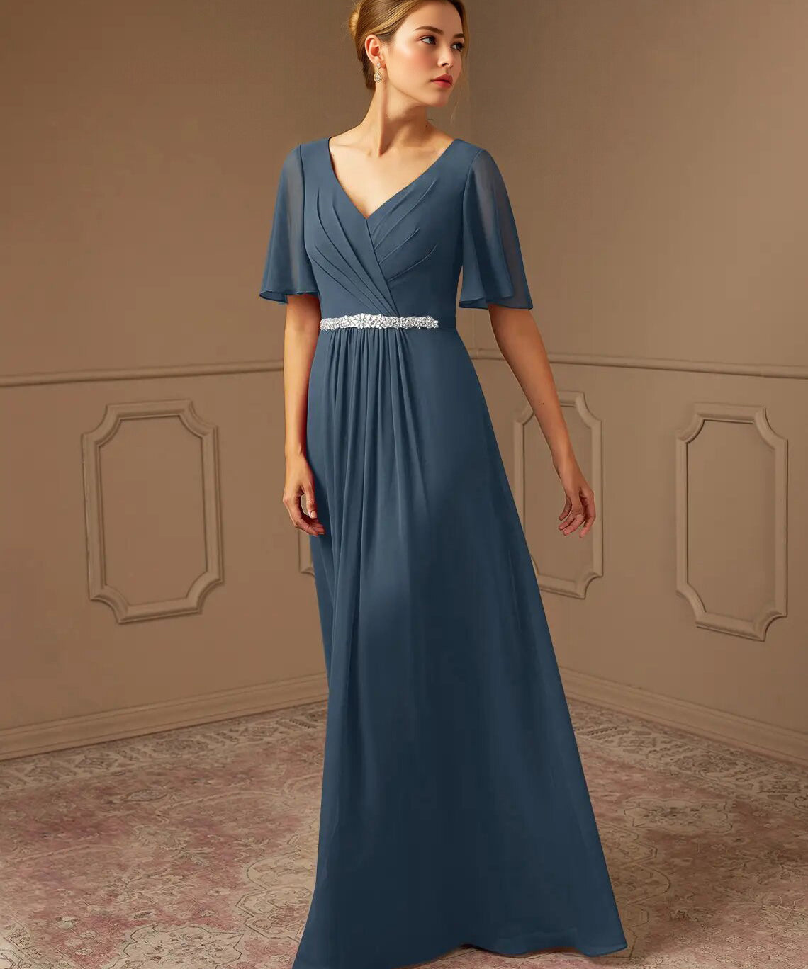 Augday A-Line V-Neck Pleated Chiffon Dress