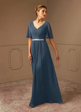 Augday A-Line V-Neck Pleated Chiffon Dress