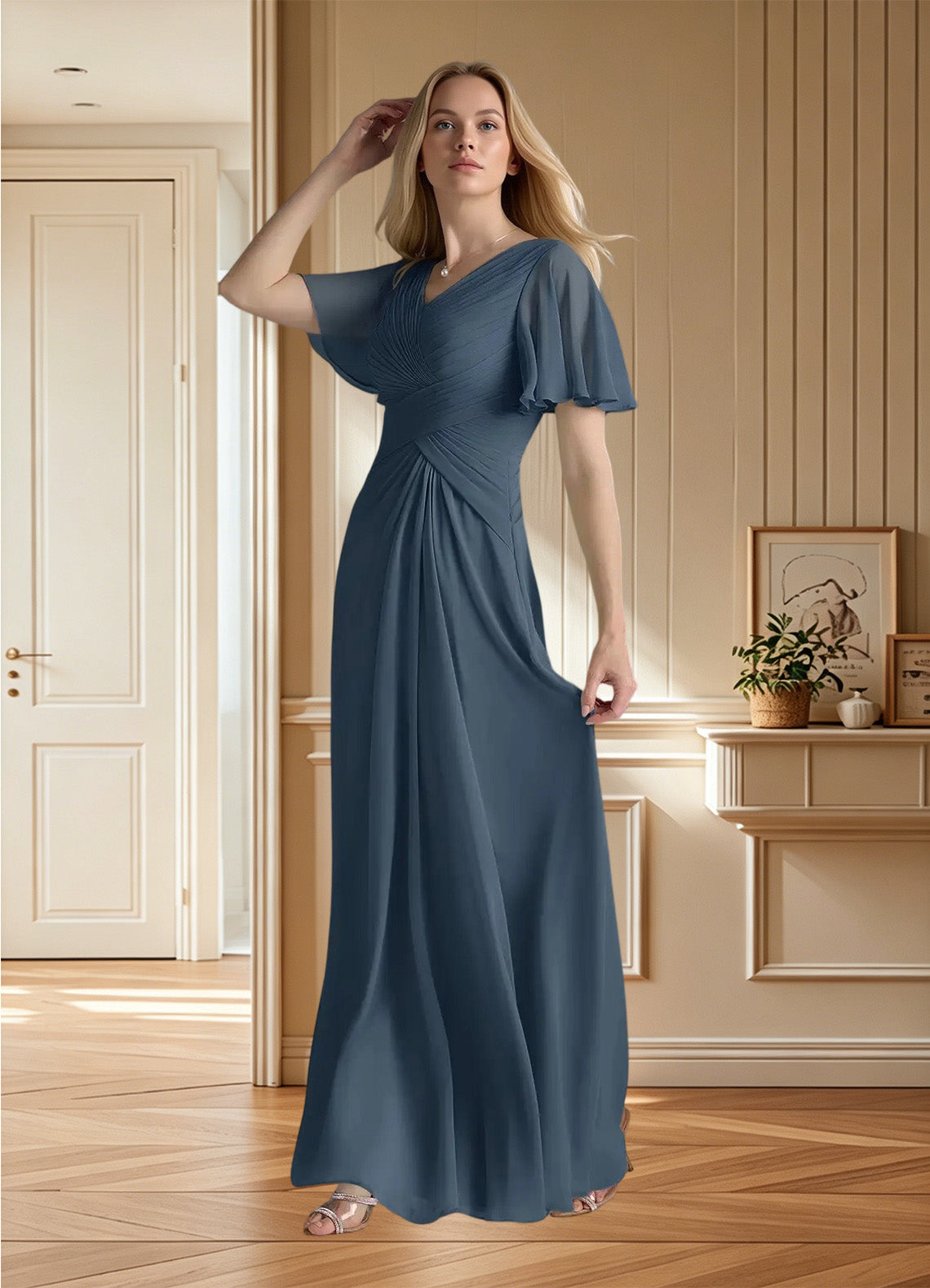 Augday Morning Glory A-Line V-Neck Ruched Chiffon Dress